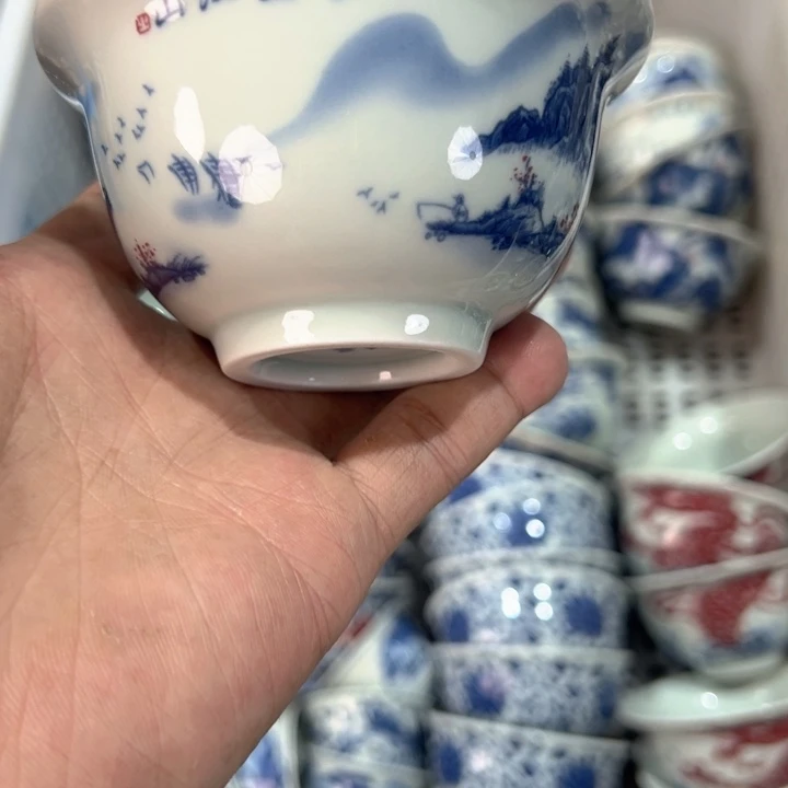 瓷片白青花万里江山压手杯全品