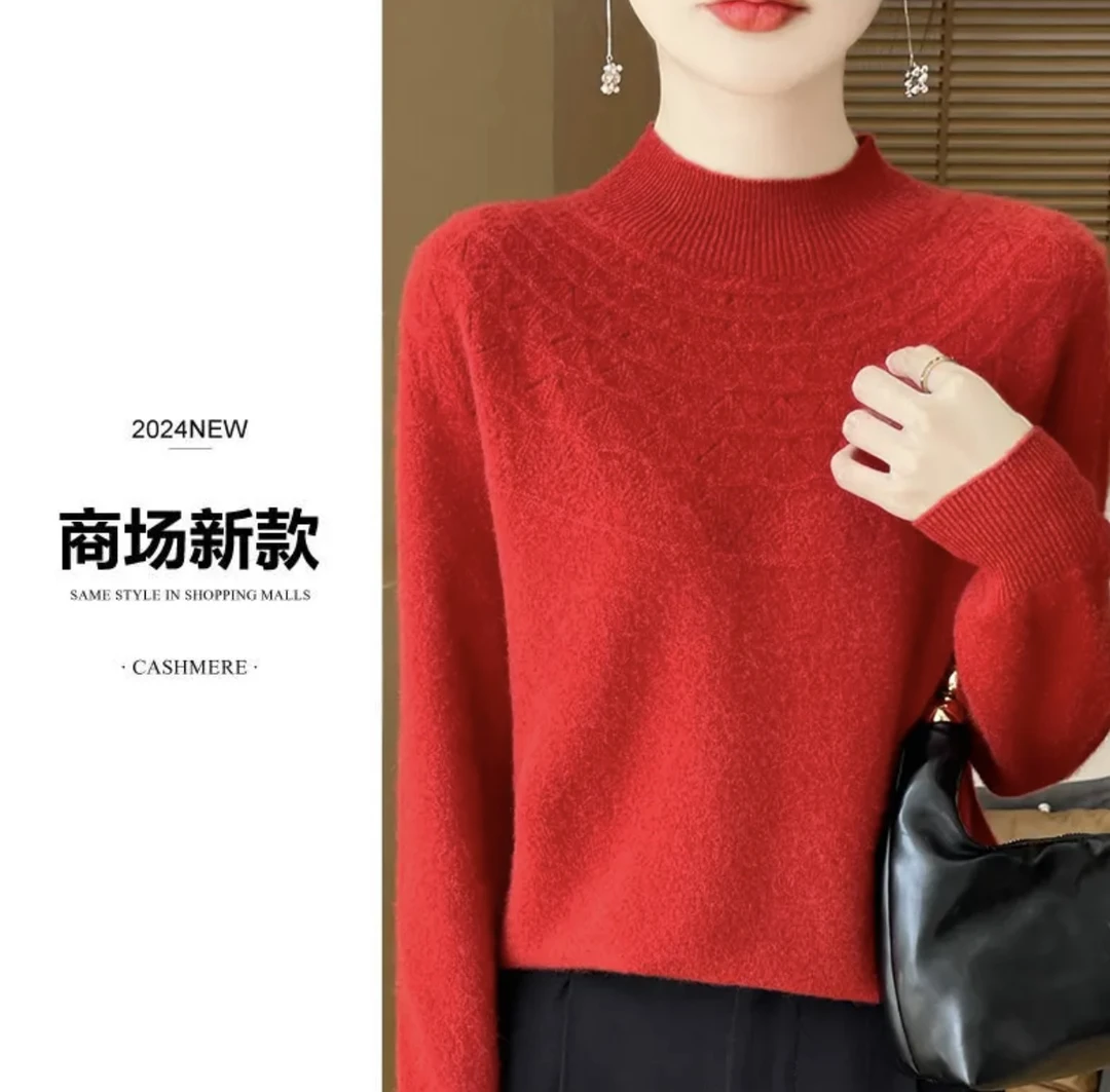 半高镂空一线成衣100纯羊毛衫半高领百搭设计感女士套头毛衣时尚