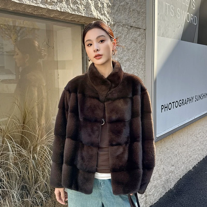 2025新款貂皮大衣女整貂进口紫标天鹅绒水貂横排全挖立领皮草外套