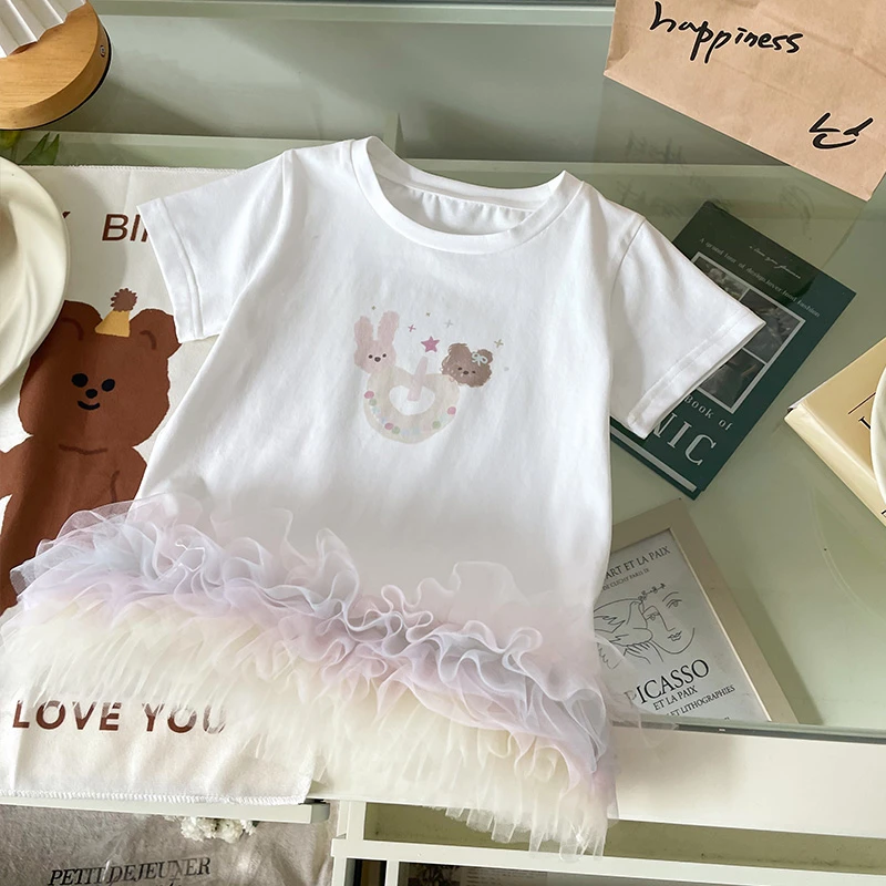 【现货】XQ259208夏季新款儿童T恤女童蕾丝短袖T恤裙