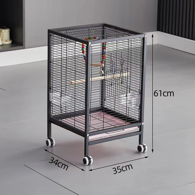 小型鹦鹉鸟笼豪华别墅带轮可移动八哥笼子家用防溅铁艺鸟笼
