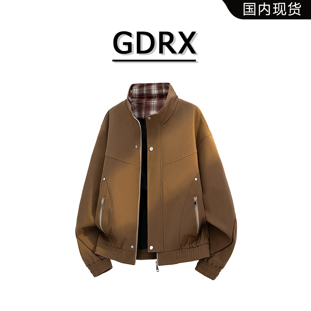 GDRX时尚立领夹克男士2025秋季新款潮流格纹拼接宽松休闲大码外套