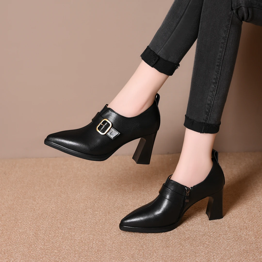 高跟鞋女粗跟单鞋尖头女单鞋春新款女鞋子英伦百搭舒适深口皮鞋女