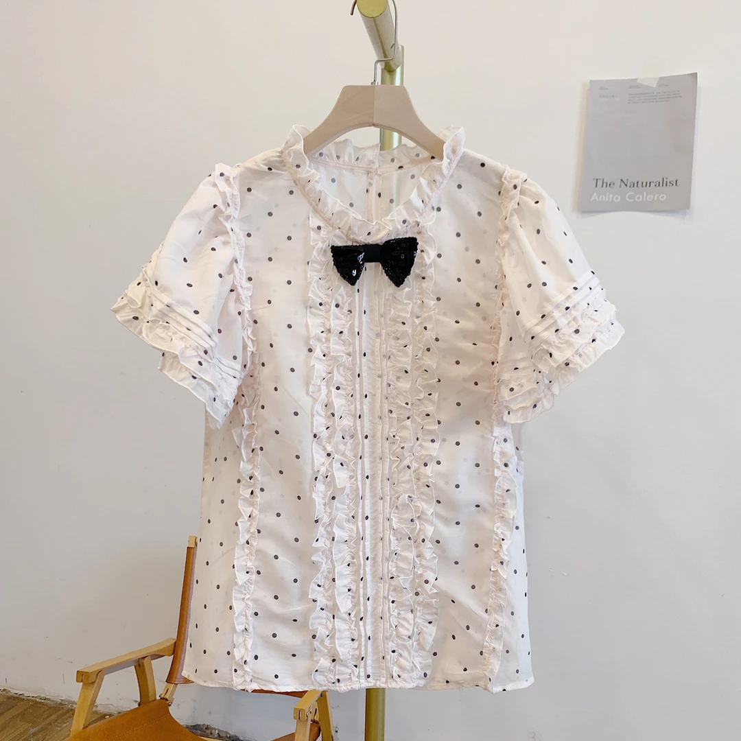 西米露Y2769波点风琴褶木耳边亮片蝴蝶结立领短袖衬衫