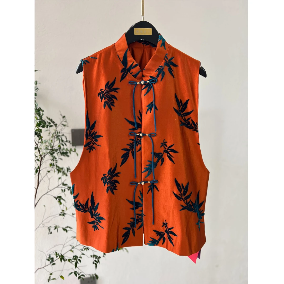 【以晴.高定】高端非遗轻奢漳缎竹叶纹马甲新中式气质优雅时尚百搭