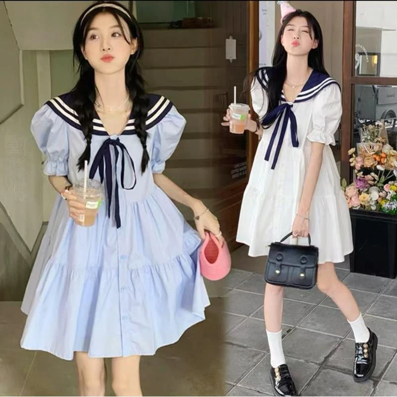 学院风泡泡袖学院夏季短袖大码连衣裙海军领韩版常规袖6383