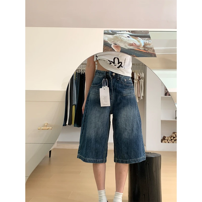 大码美式复古高腰宽松阔腿中裤女2025夏季爆款垂感直筒七分牛仔裤