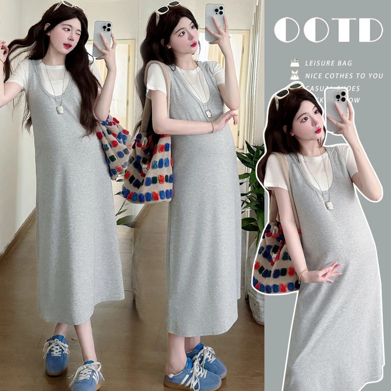 孕妇装夏装背带裙2025新款显瘦大码短袖上衣时尚宽松中长款连衣裙