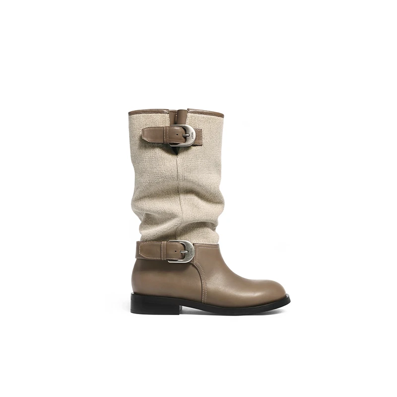 unfolio2025年早春新款金属搭扣堆堆靴圆头中筒靴