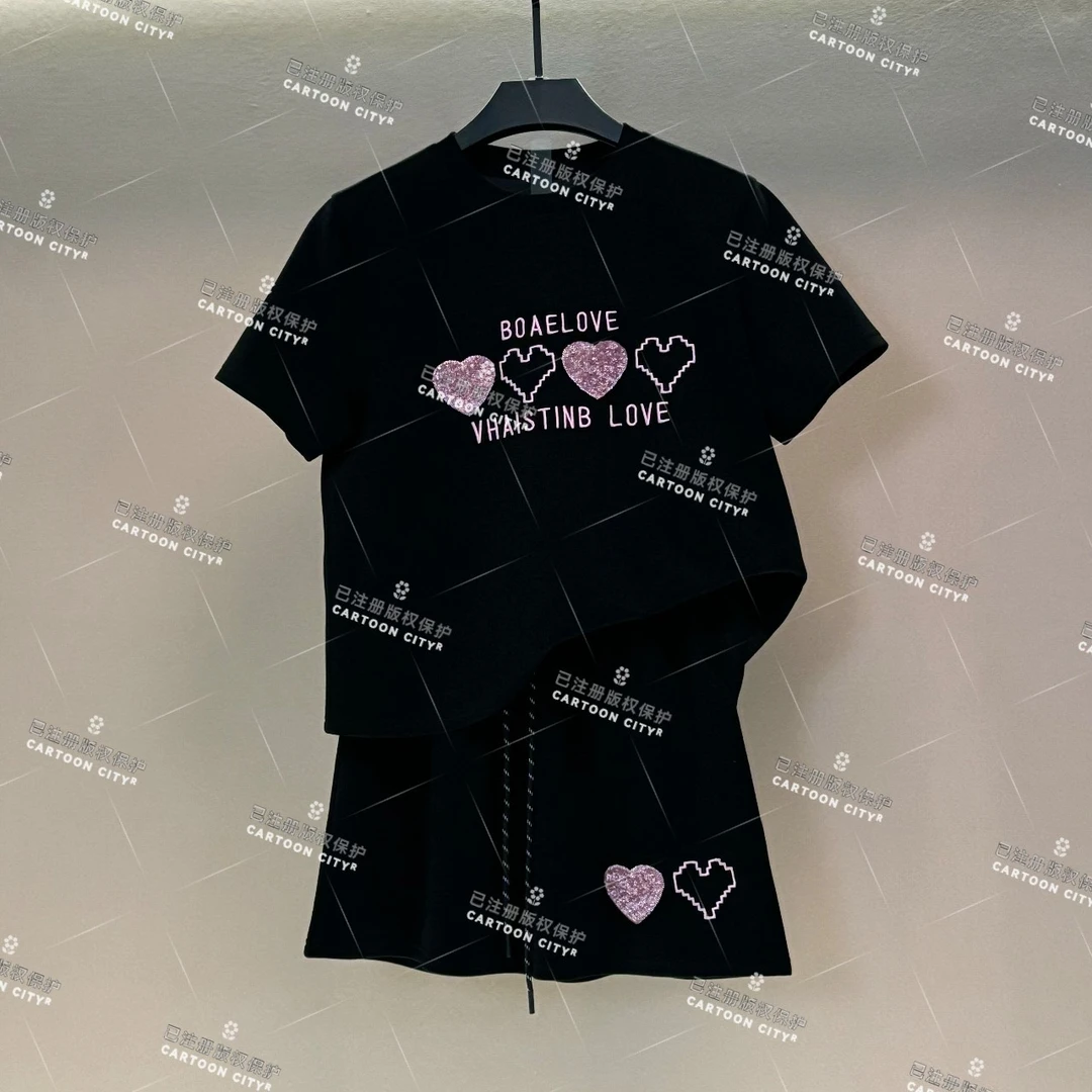 甜WMA-A106<原创系列>丨刺绣爱心>宽松版夏季T恤短裙休闲套装