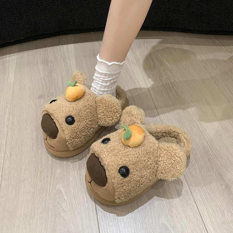 小熊棉拖鞋女秋冬季2025新款室内家居毛绒卡通厚底踩屎感保暖棉拖