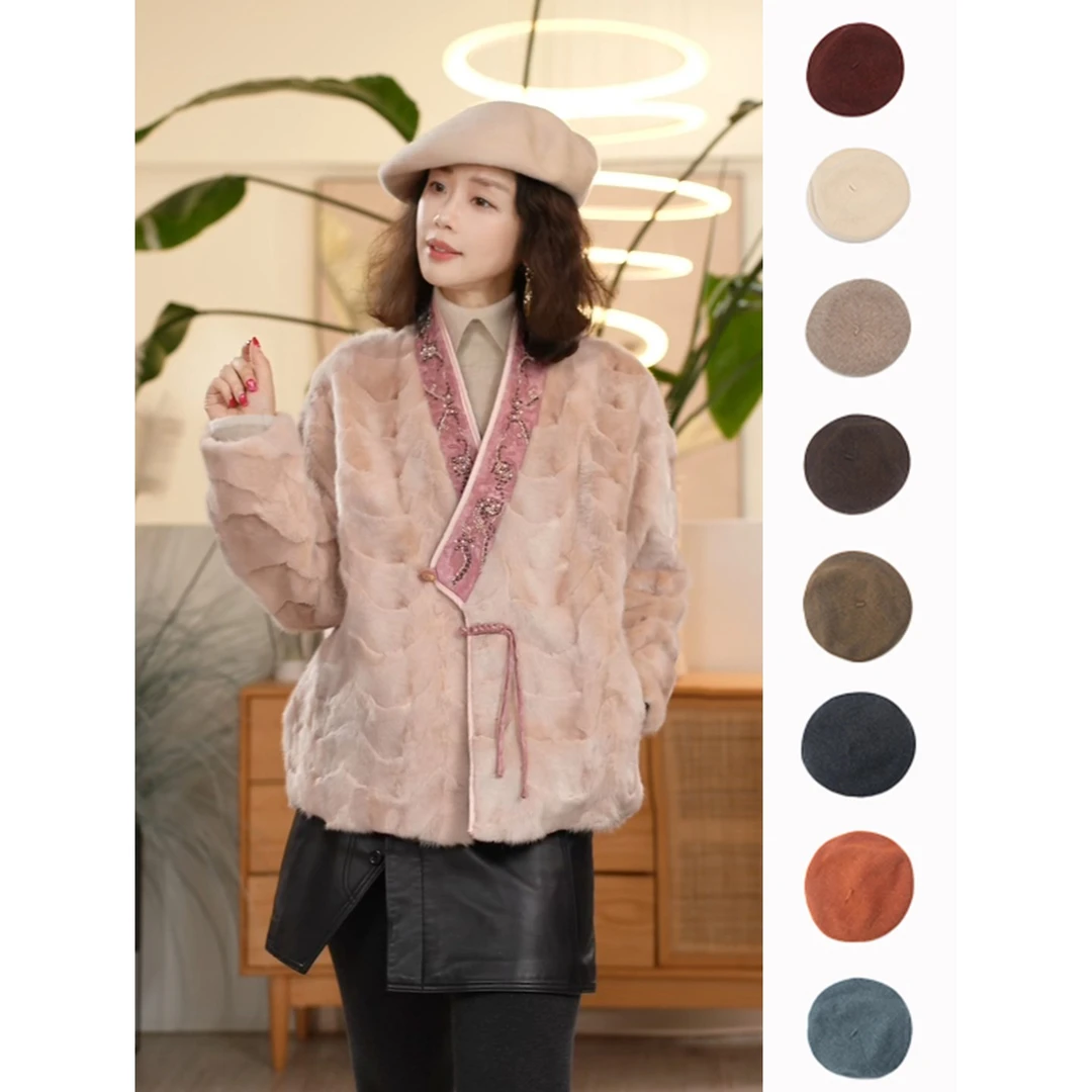 Y【叭哒不惑】绵羊毛贝雷帽女显脸小画家帽气质百搭帽子