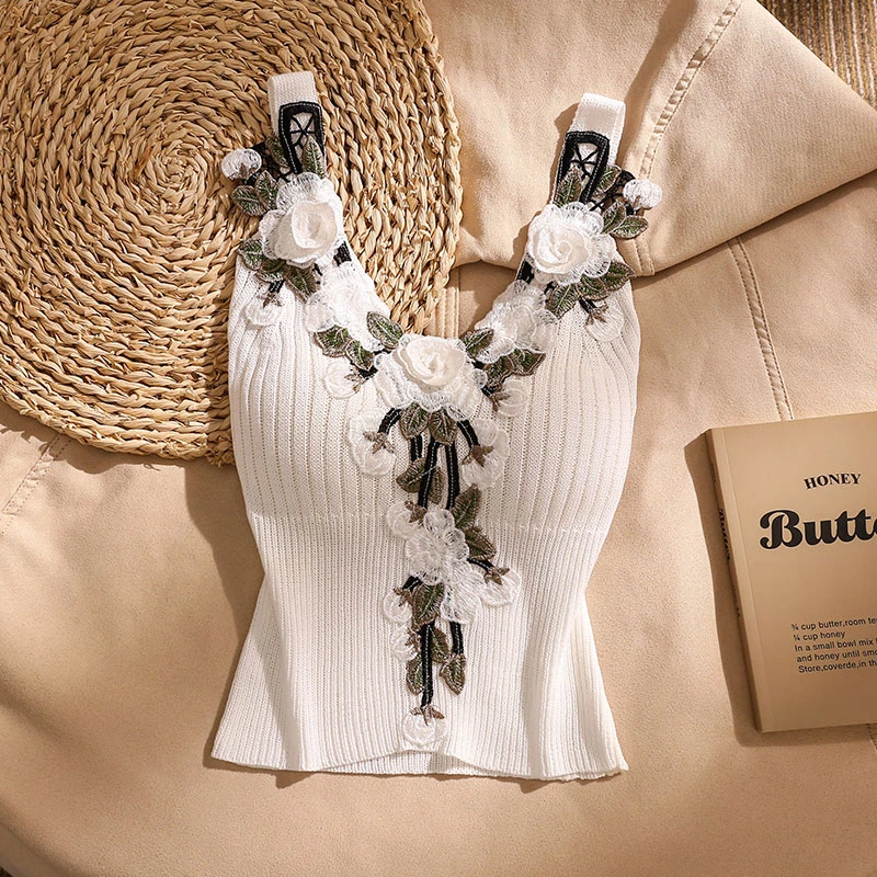 蕾丝山茶花立体装饰美背露肩上衣女外穿性感设计吊带背心绝美背心
