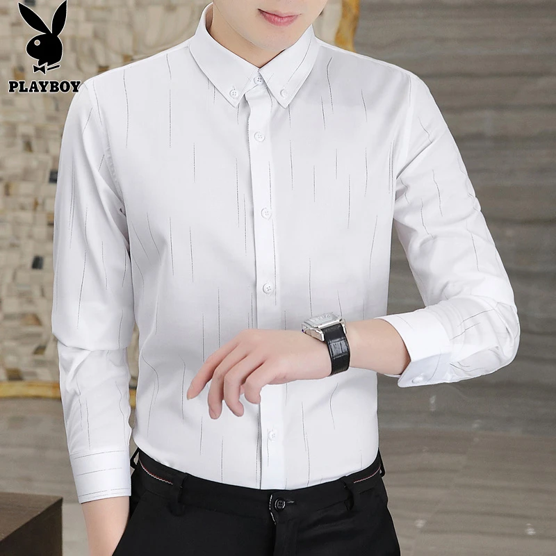 花花公子休闲纯色修身总裁衬衫男士长袖衬衣春秋秋季薄款正装上衣