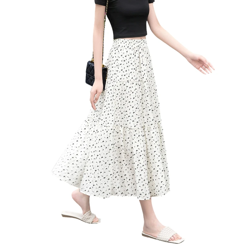 她池2025夏装新款女装印花高腰中长款A字松紧腰半身裙T52X2081B