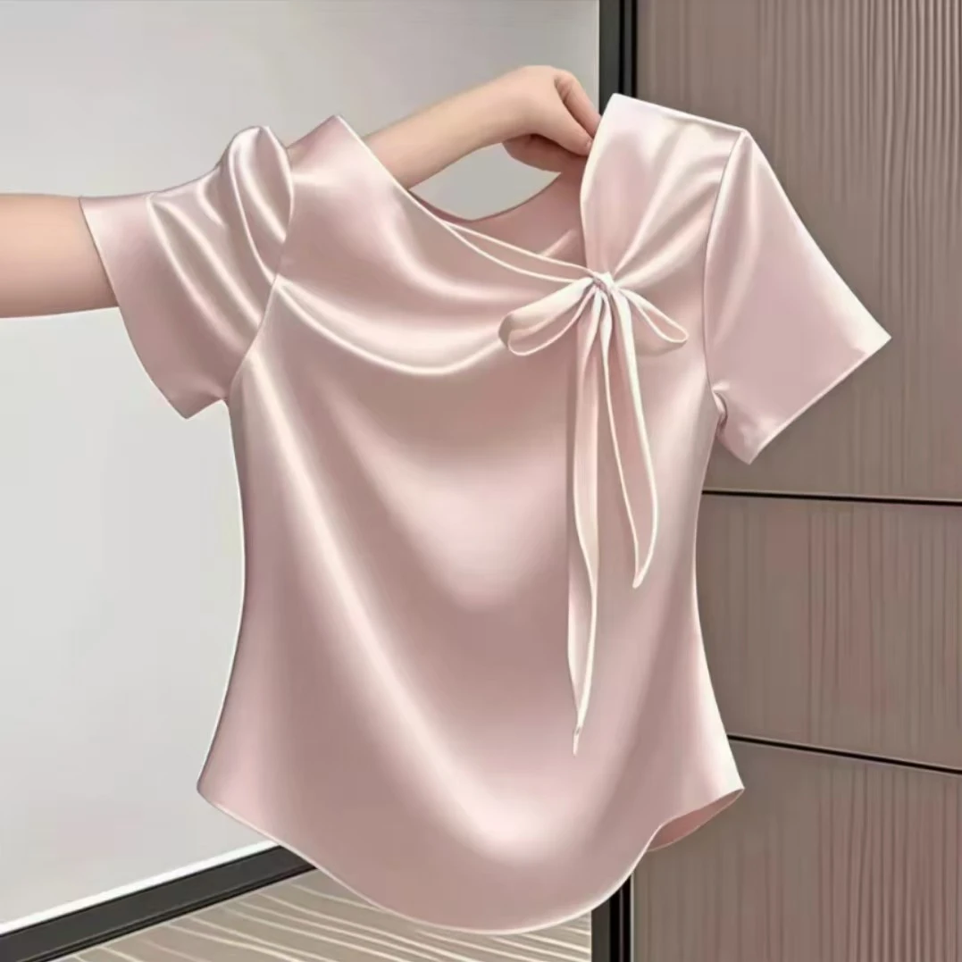 （断码清仓）蝴蝶结正肩短袖T恤夏季新款减龄时尚百搭气质显瘦