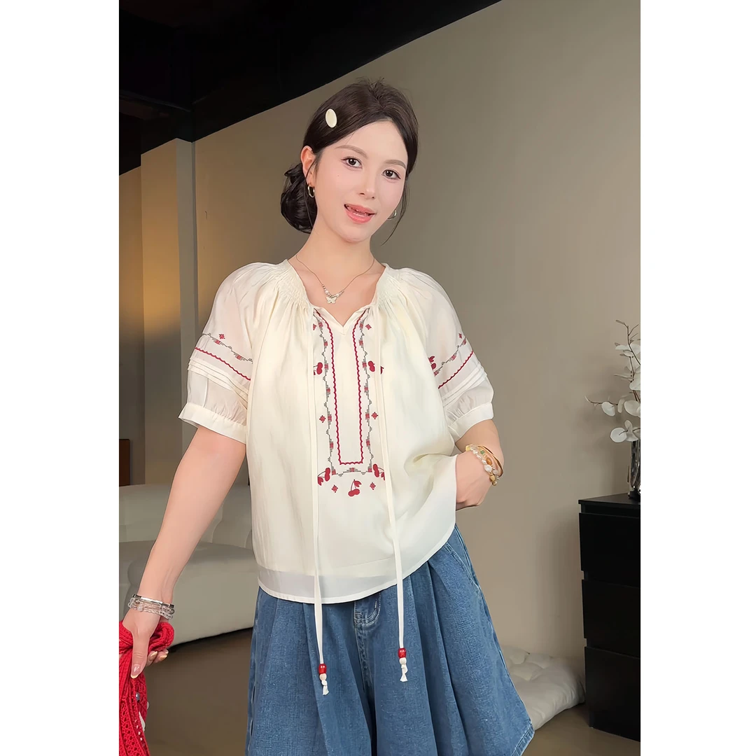 雪纺V领重工刺绣上衣短袖衬衫衬衣女