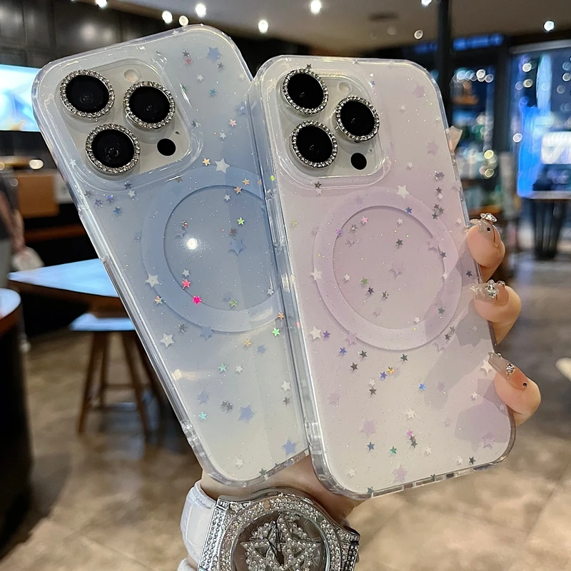 适用苹果系列iPhone16新款手机壳小众风蓝色星星闪粉半包大孔磁吸