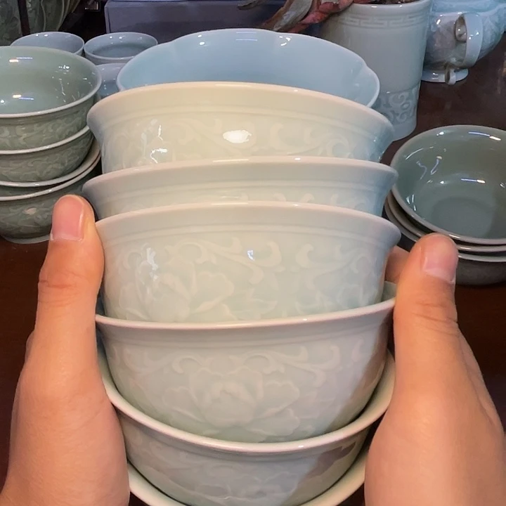 瓷微瑕天青色 4.7 英寸牡丹碗 6 只