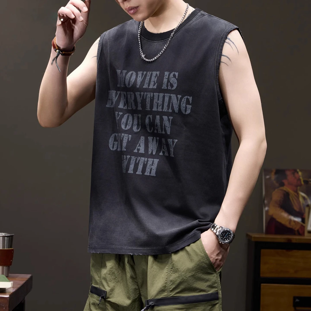 MR.MUDI/穆迪先生重磅纯棉无袖背心男士夏季宽松潮牌印花复古水洗