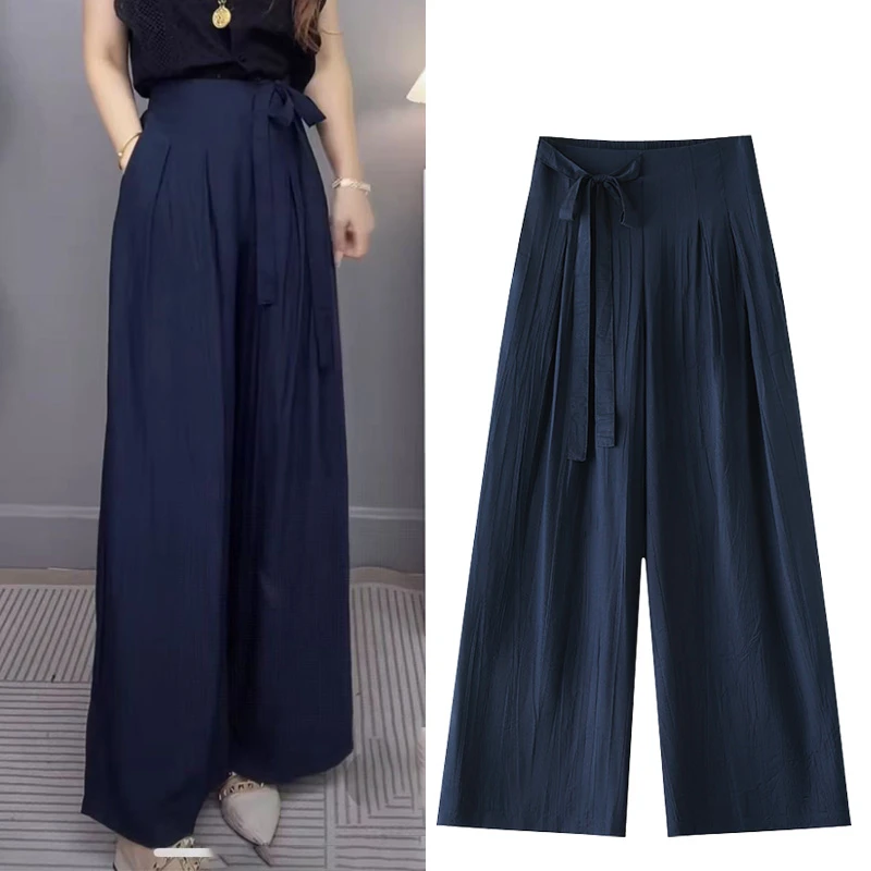 【轻奢桃花褶冰垂裤】专柜时尚后松紧腰蝴蝶绑带高腰宽松阔腿裤子女