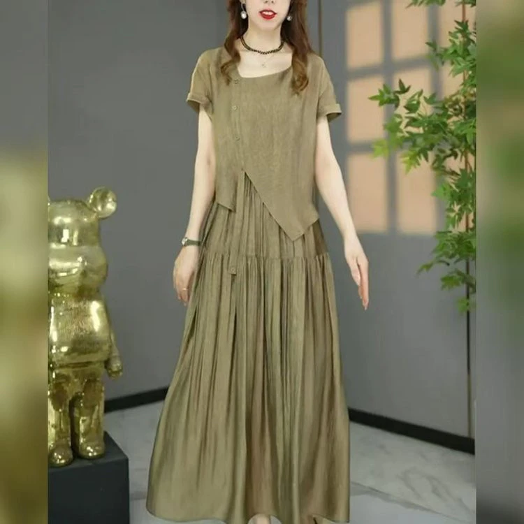 新款纯色假两件连衣裙2025新款宽松藏肉设计感轻奢拼接过膝a字裙