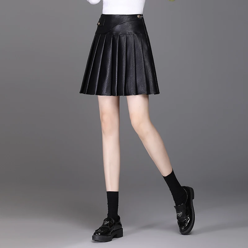 黑色显瘦百褶皮裙女秋冬季高腰A字防走光半身裙气质减龄时尚短裙