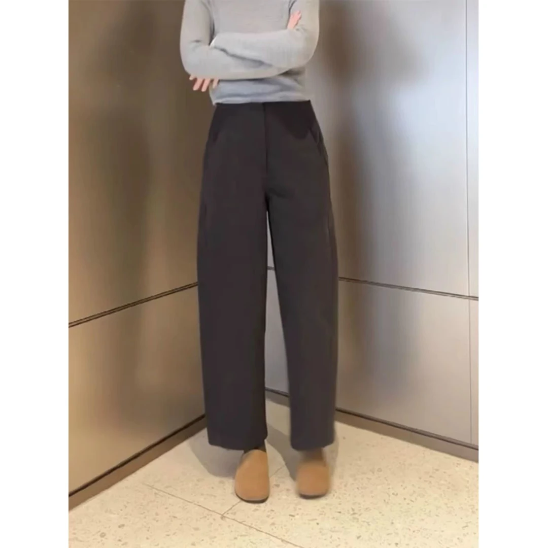 气质好的想转圈圈！欧货休闲镰刀裤女秋冬灰色高腰通勤百搭弯刀裤