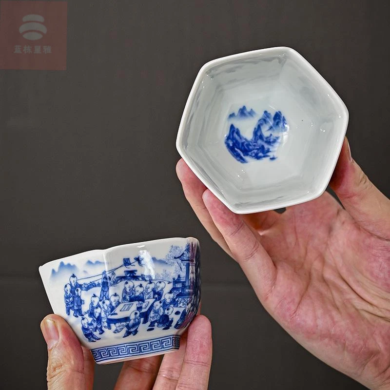 景德镇瓷器老陶泥青花六方杯子品茗杯茶杯主人杯单杯茶碗茶盏茶具