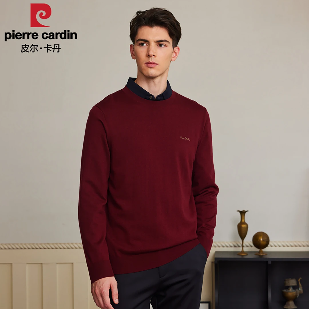 皮尔卡丹秋冬季羊毛衫男士长袖针织舒适休闲时尚保暖圆领红色百搭