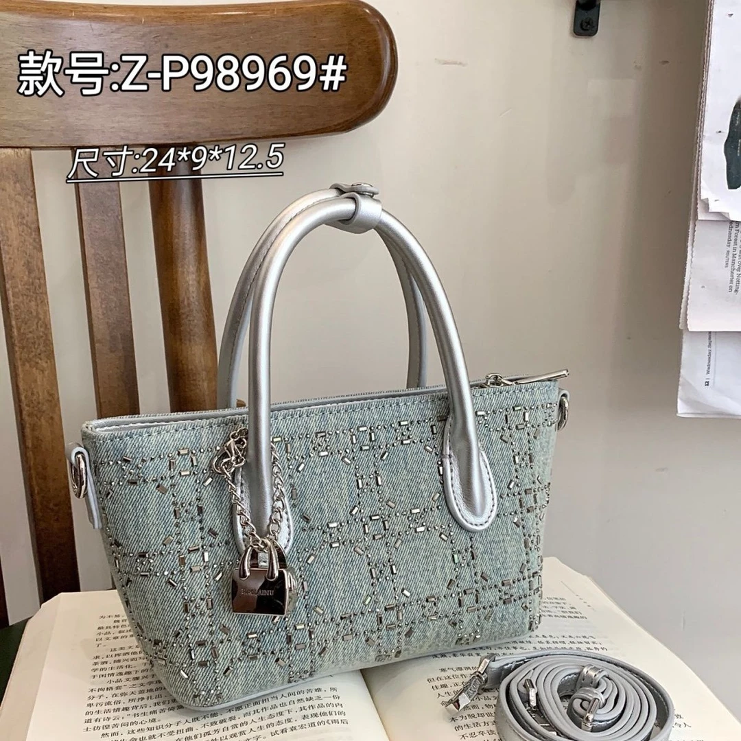 好莱奴2025高级牛仔布料烫钻手提枕头包百搭时尚单肩98969斜挎包