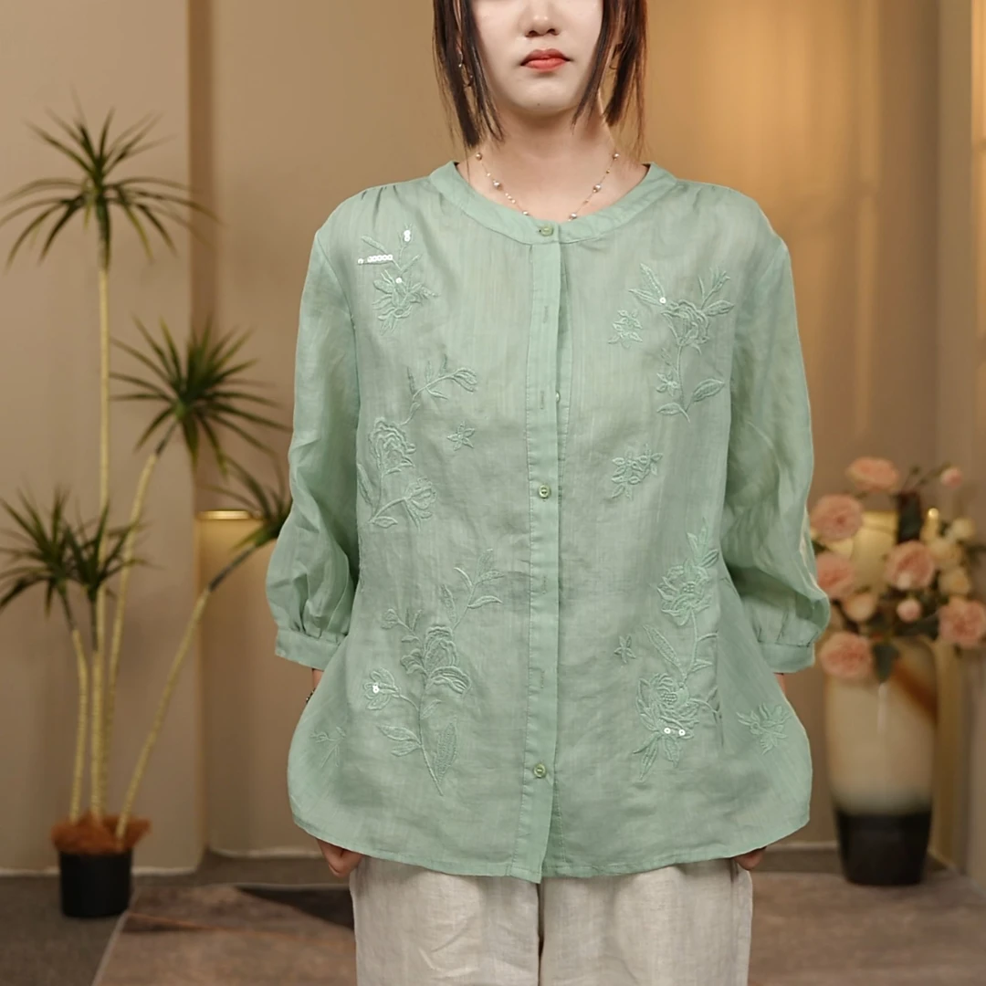 重工刺绣苎麻衬衫宽松显瘦百搭100%苎麻小衫纯色衬衣-1311
