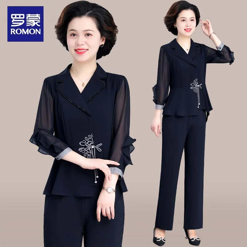 罗蒙高端国风妈妈夏装2025新款套装中老年女夏季薄款雪纺衫套装