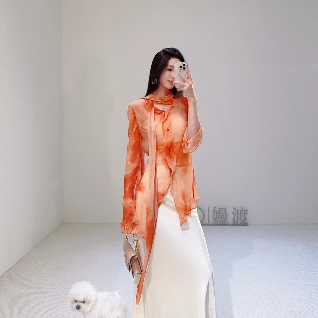嫚渡春夏季新款喇叭袖桔色围巾显瘦衬衫 法式时尚气质休闲衬衫