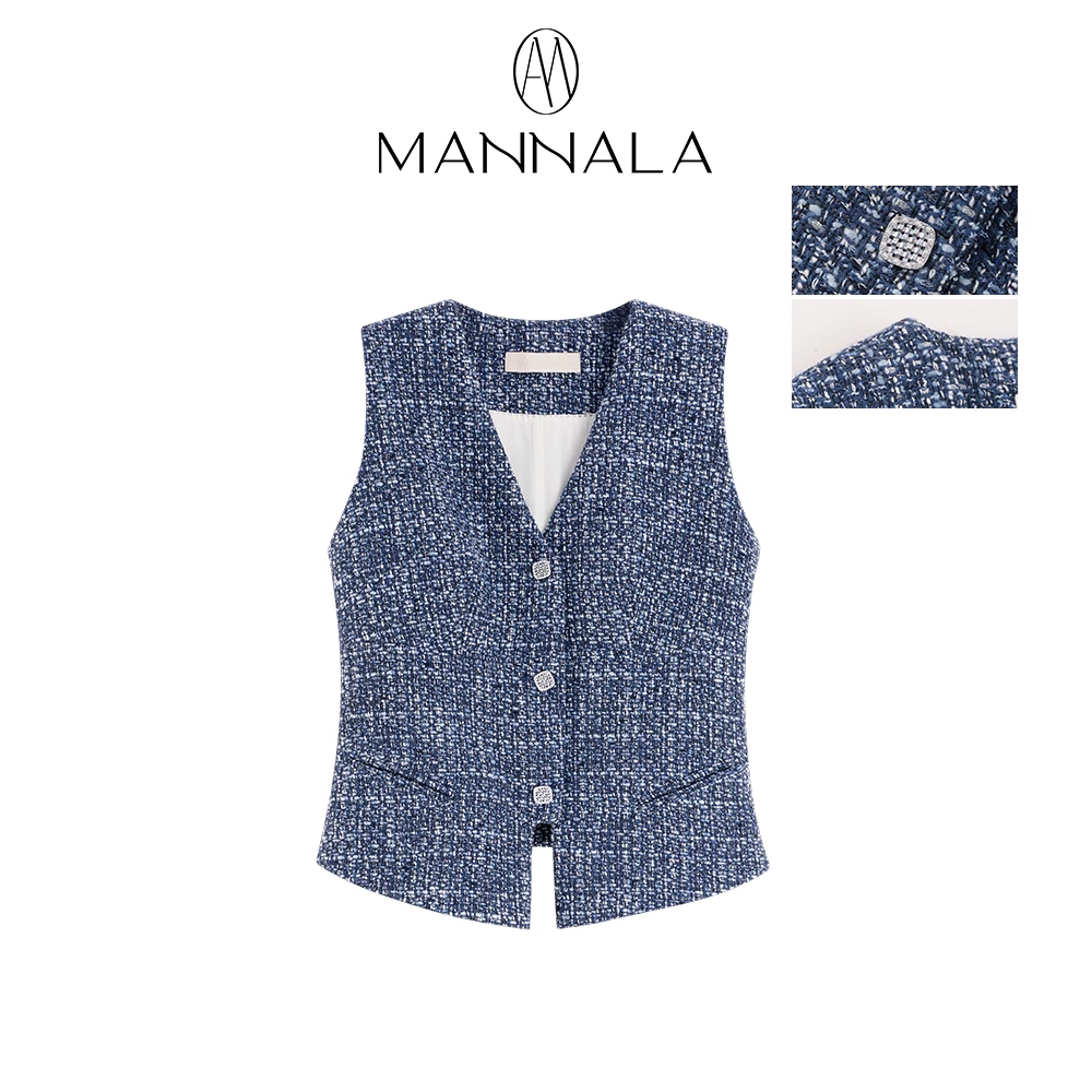 MANNALA丨“戛纳马甲”通勤优雅花呢V领收腰短款小香马甲 Q2449