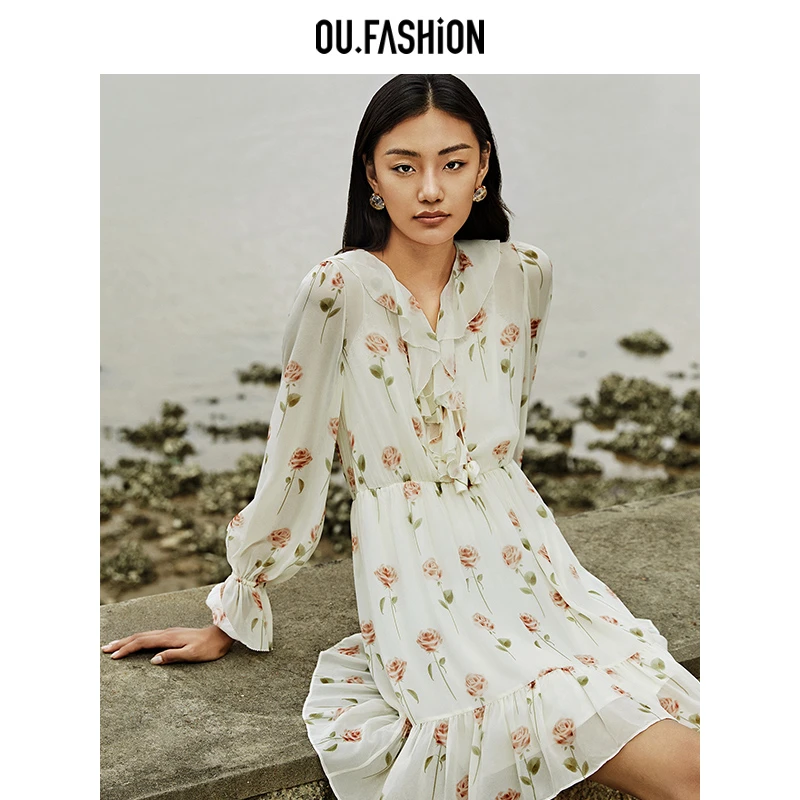 OU.FASHION/欧点玫瑰碎花印花裙A字裙荷叶领长袖连衣裙1122410110
