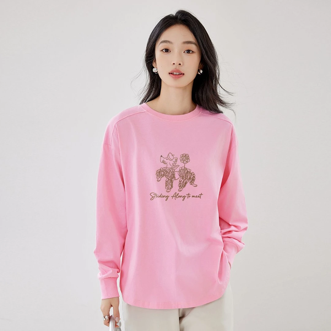 茵曼100%纯棉长袖t恤女宽松韩版2025年春季新款百搭打底衫上衣女