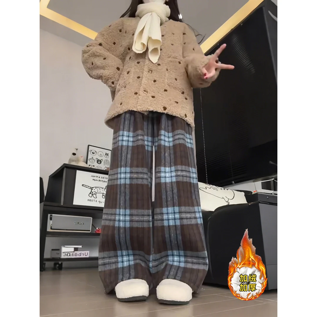 特大码毛呢格子阔腿裤女秋冬加厚加绒裤子胖mm慵懒宽松休闲裤冬季