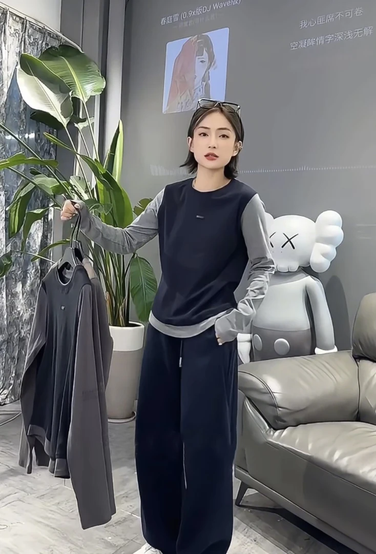 欧货秋冬新款撞色拼接假两件时尚休闲长袖t袖洋气显瘦百搭打底衫
