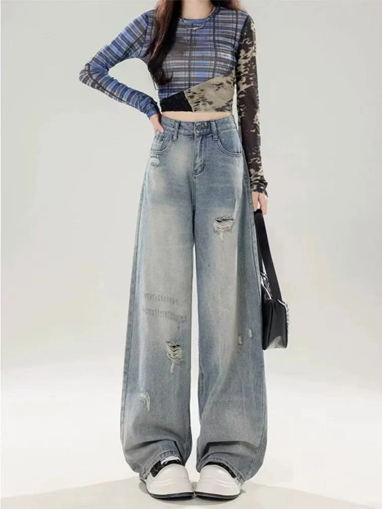 【瑕疵链接】NO退NO换，介意勿拍！大码高腰复古浅色直筒牛仔裤女显瘦