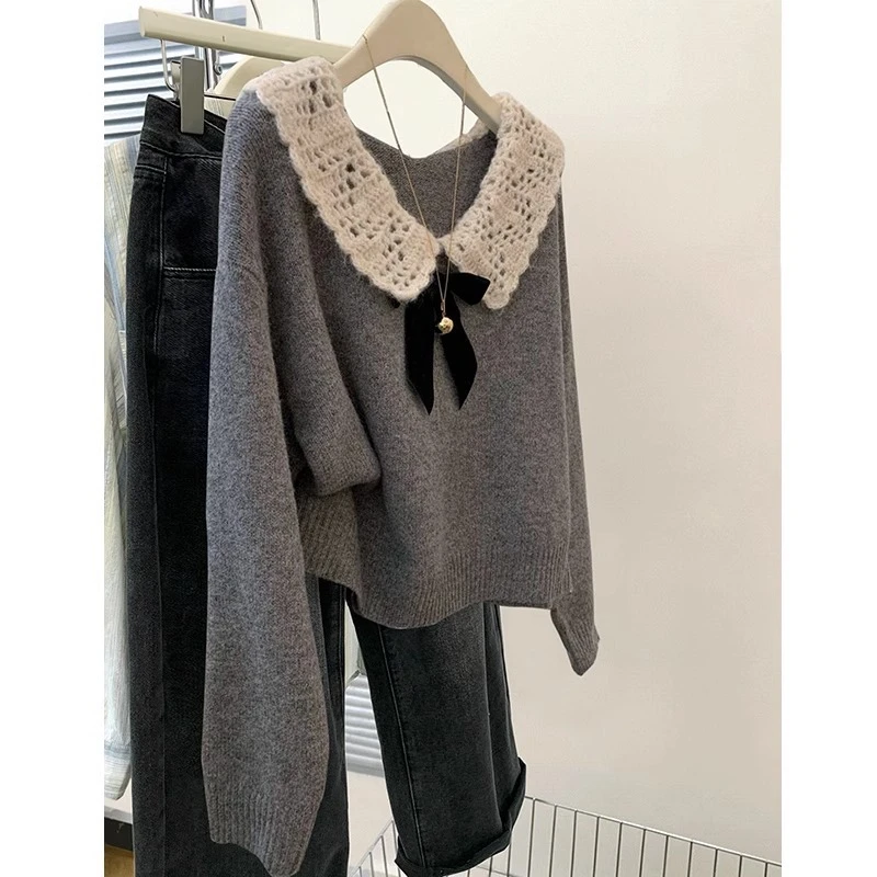 灰色翻领蝴蝶结套头毛衣女秋冬2025冬季新款小个子针织衫上衣加厚
