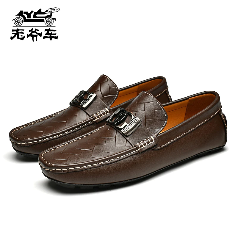 老爷车夏季男士百搭透气真皮休闲皮鞋软底一脚蹬豆豆鞋
