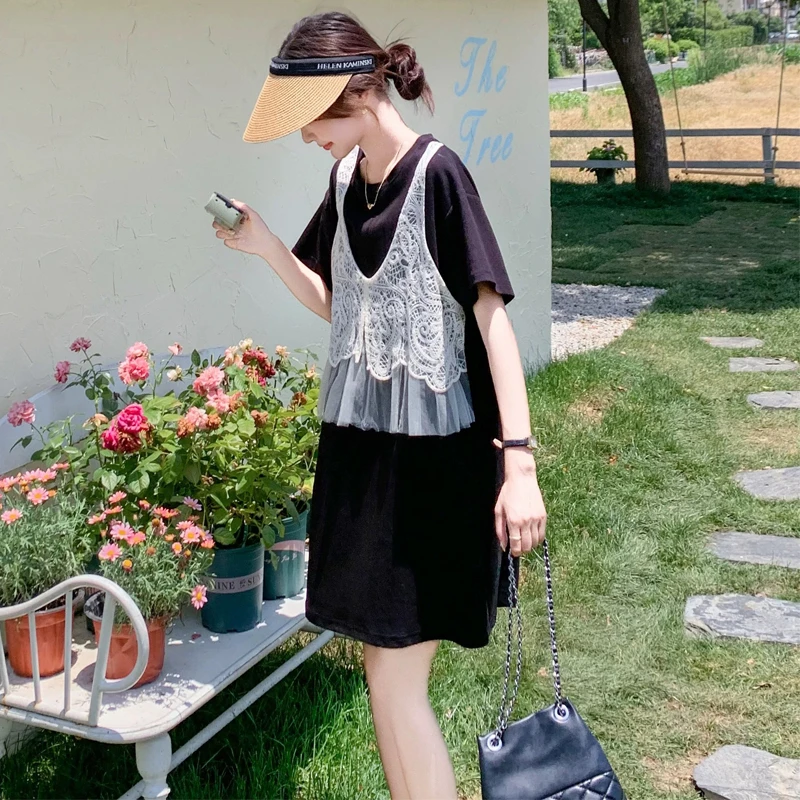 2025夏装短袖新款小个子黑色裙子蕾丝拼接假两件连衣裙606