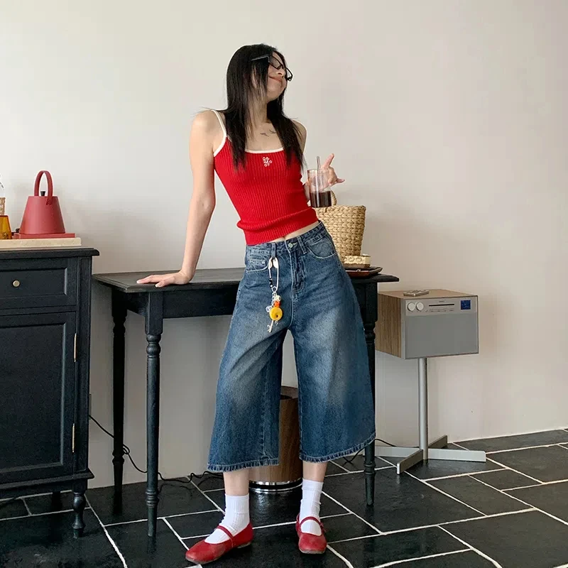 棉田七分裤2025新款复古水洗做旧质感高腰宽松阔腿七分牛仔裤女