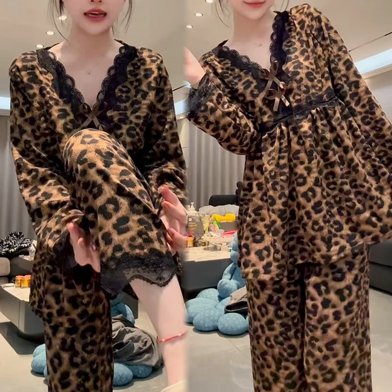爆款睡衣女高品质秋冬新款德绒保暖加厚豹纹家居服套装弹力九分