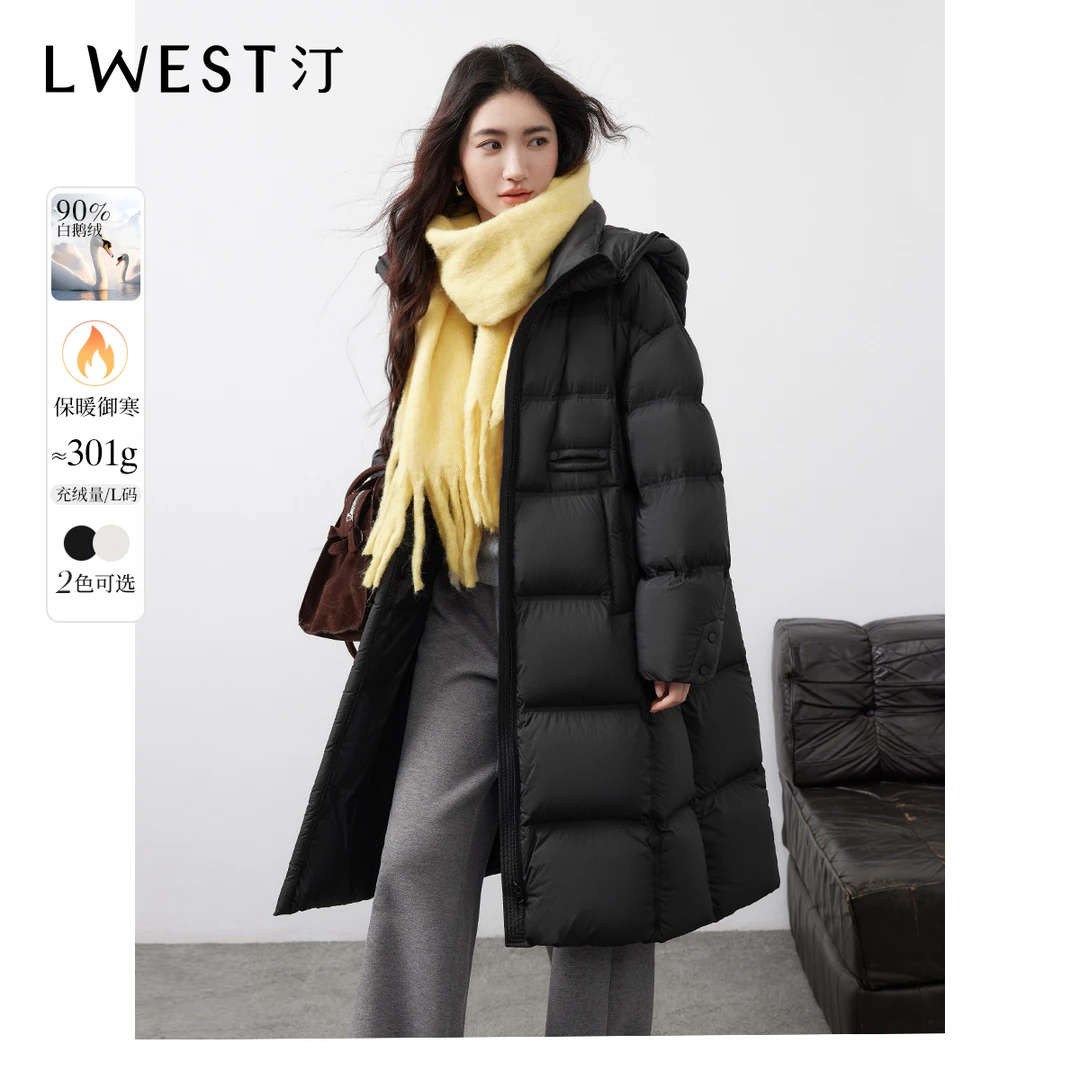 T朗文斯汀2025冬季新款通勤连帽轻奢高品长款过膝鹅绒羽绒服