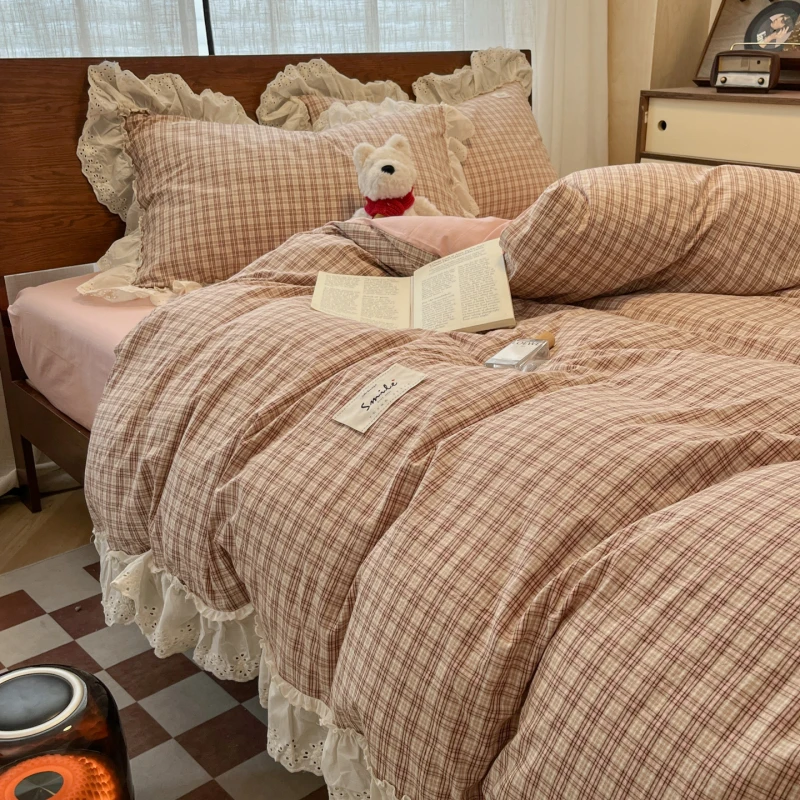 韩式花边款公主风100全棉纯棉色织格子款床上四件套床单被套床笠3