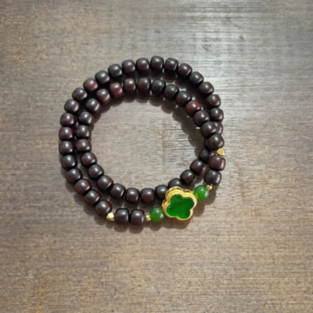 小叶紫檀双圈绿色四叶草手串-3