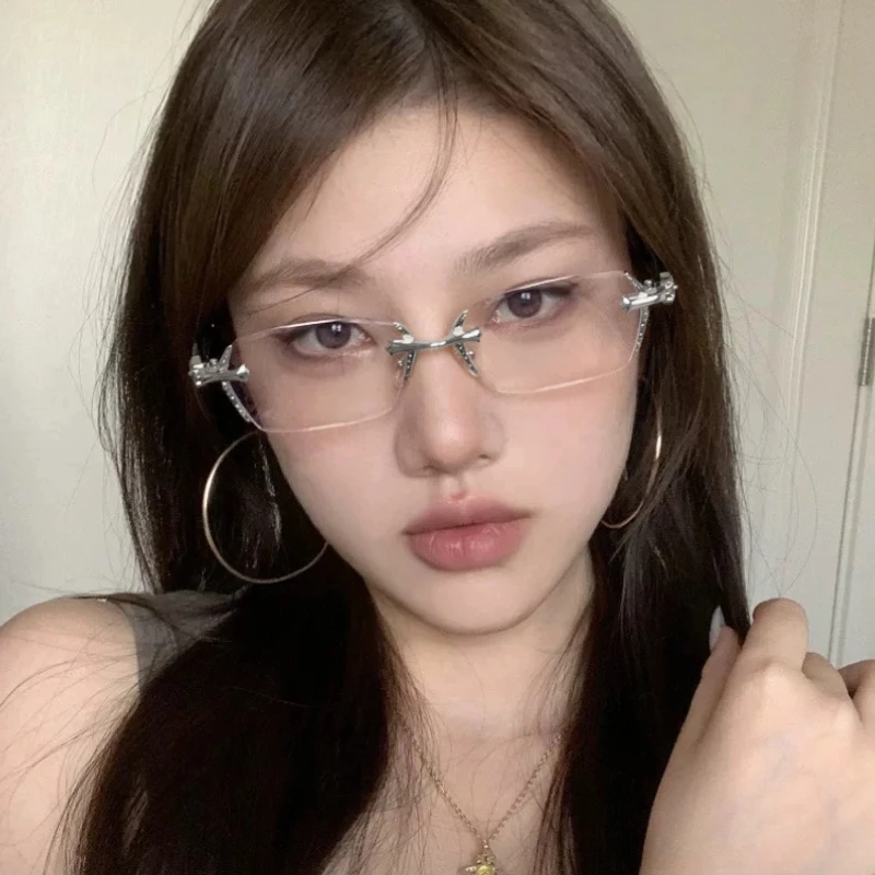 无框眼镜高智感御姐清冷无边框眼镜手工雕花无框金属镜架素颜眼镜
