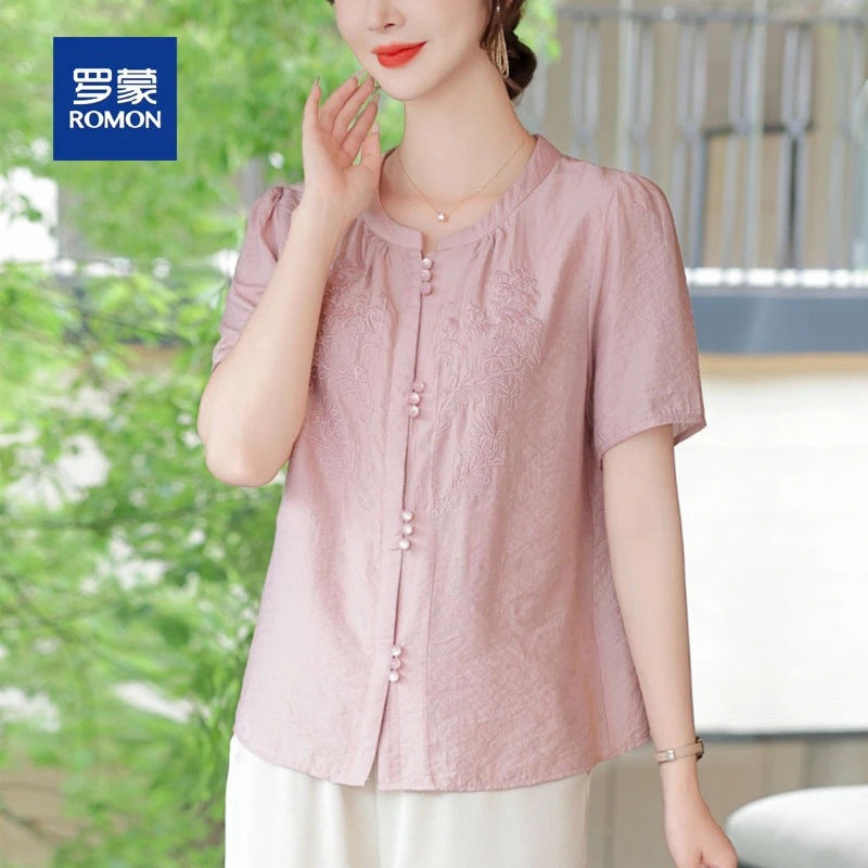罗蒙气质妈妈夏装新中式国风短袖小衫套装时尚中老年女装宽松衬衫